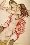 Egon Schiele Two Girls Embracing Each other painting